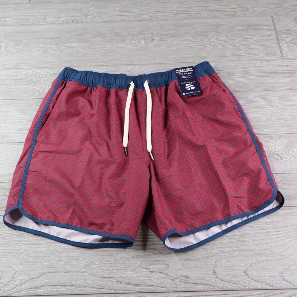 NEW Fair Harbor Board Shorts Mens Large Anchor Lined Swim Trunks Red Geometric